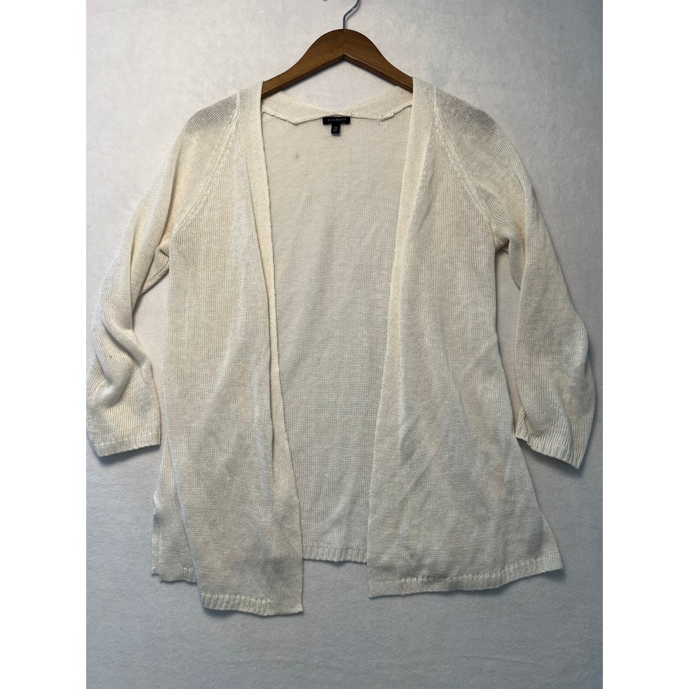 Talbots XS Cardigan Minimalist Coastal White 100% Linen Open Front 3/4 Sleeve